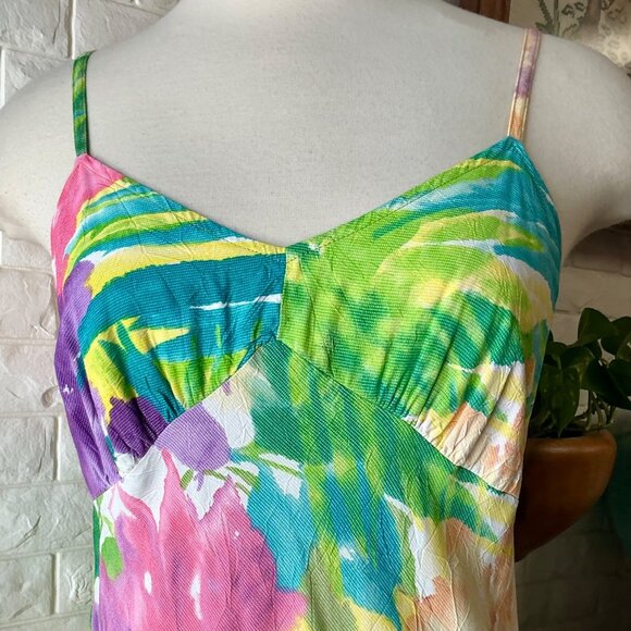 Vintage Jams World Tropical Orchid Floral Midi Sun Dress + Ribbon Hem Detail - Picture 3 of 12